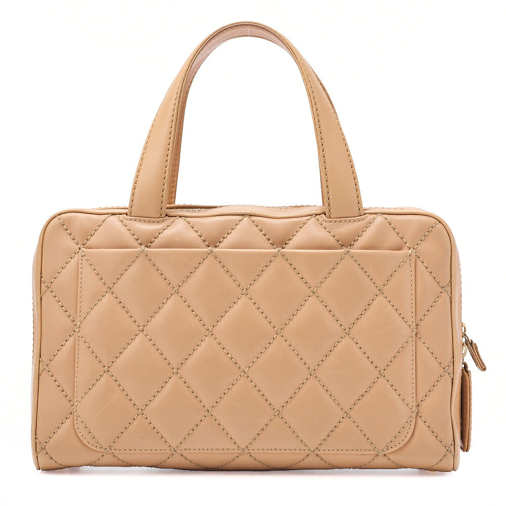 CHANEL Coco Mark Wild Stitch Handbag Calf Leather Beige Gold-Tone Hardware, Pre-Owned