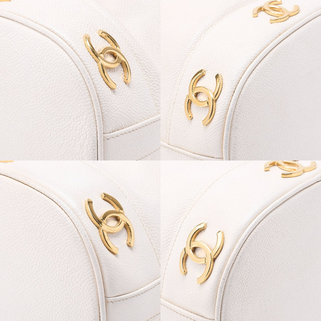 CHANEL Chain Shoulder Bag Triple Coco Caviar Skin Ball Charm Drawstring White Gold -Tone Hardware, Pre-Owned