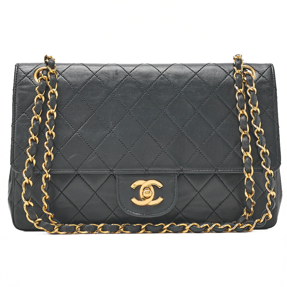 CHANEL Lambskin Matelasse 25cm Straight Double Flap Chain Shoulder Black Gold-Tone Hardware, Pre-Owned