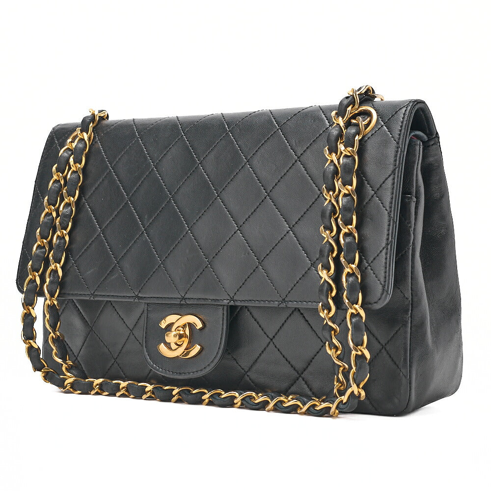 CHANEL Lambskin Matelasse 25cm Straight Double Flap Chain Shoulder Black Gold-Tone Hardware, Pre-Owned