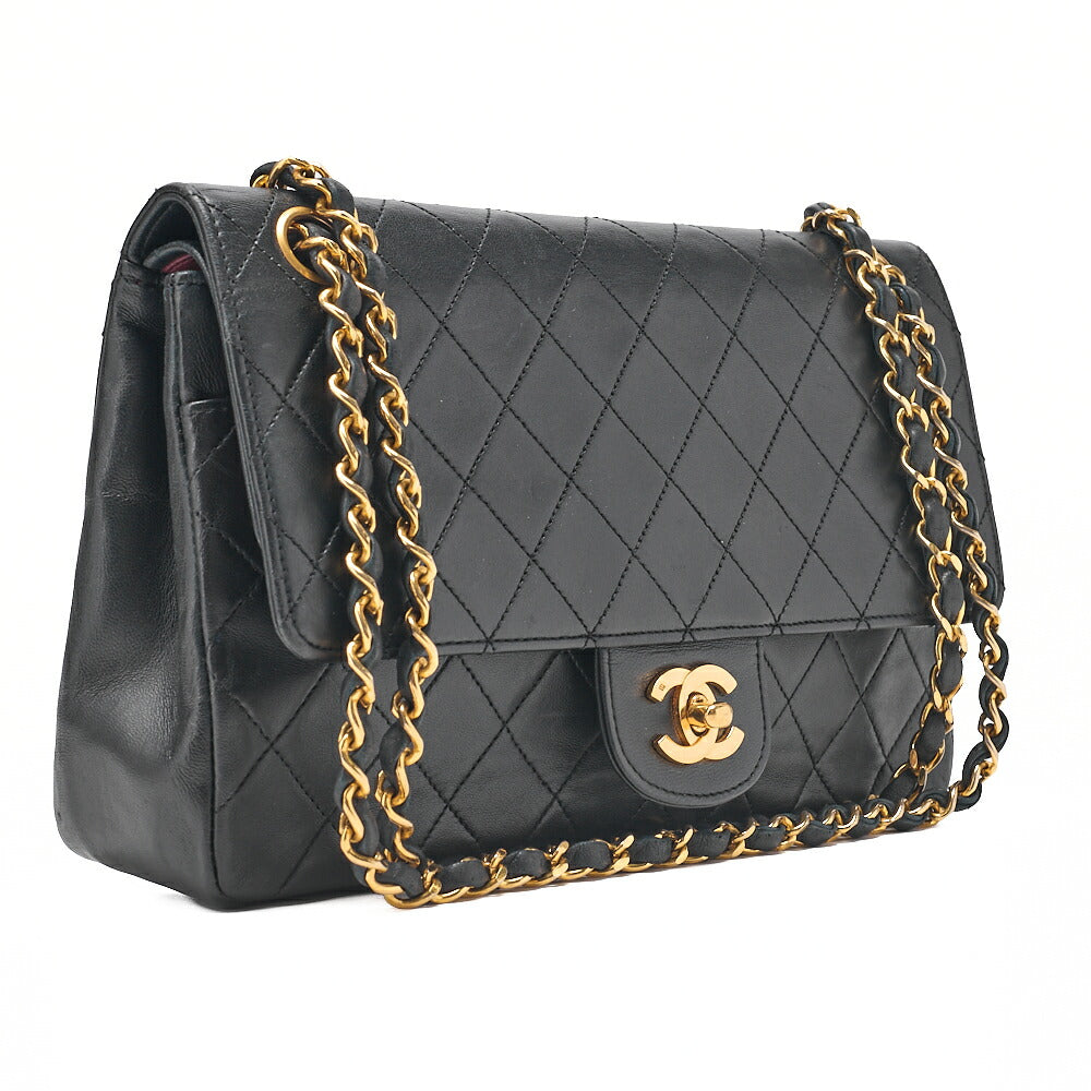 CHANEL Lambskin Matelasse 25cm Straight Double Flap Chain Shoulder Black Gold-Tone Hardware, Pre-Owned