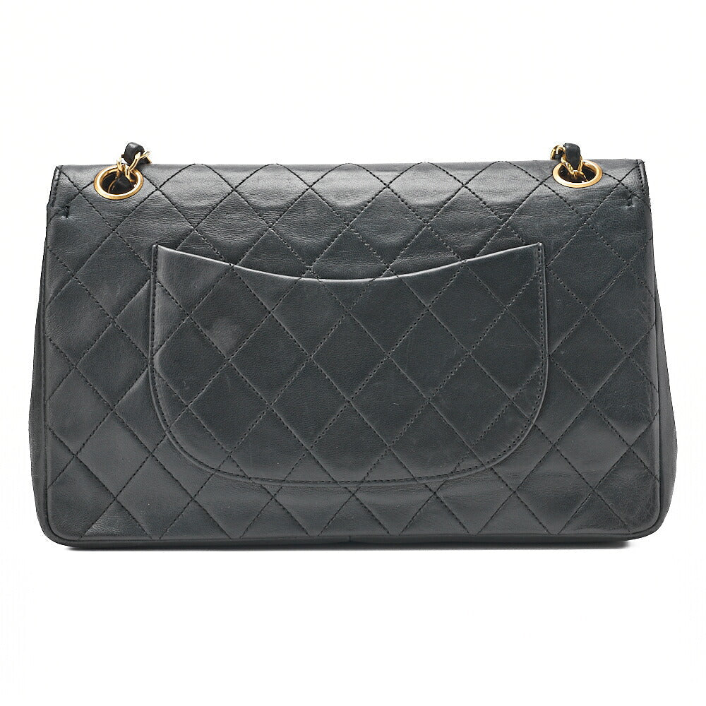 CHANEL Lambskin Matelasse 25cm Straight Double Flap Chain Shoulder Black Gold-Tone Hardware, Pre-Owned
