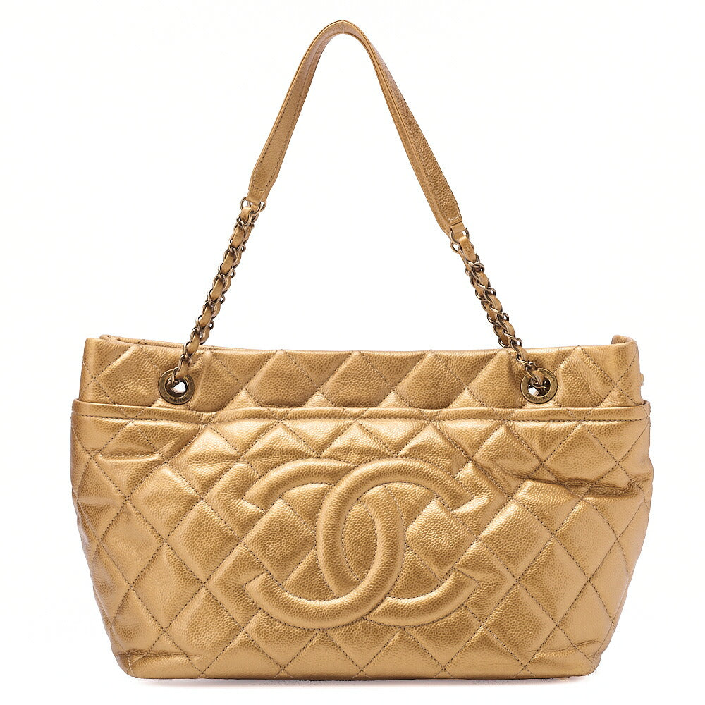 CHANEL Caviar Skin Coco Mark Chain Tote Bag Gold Gold-Tone Hardware, Pre-Owned