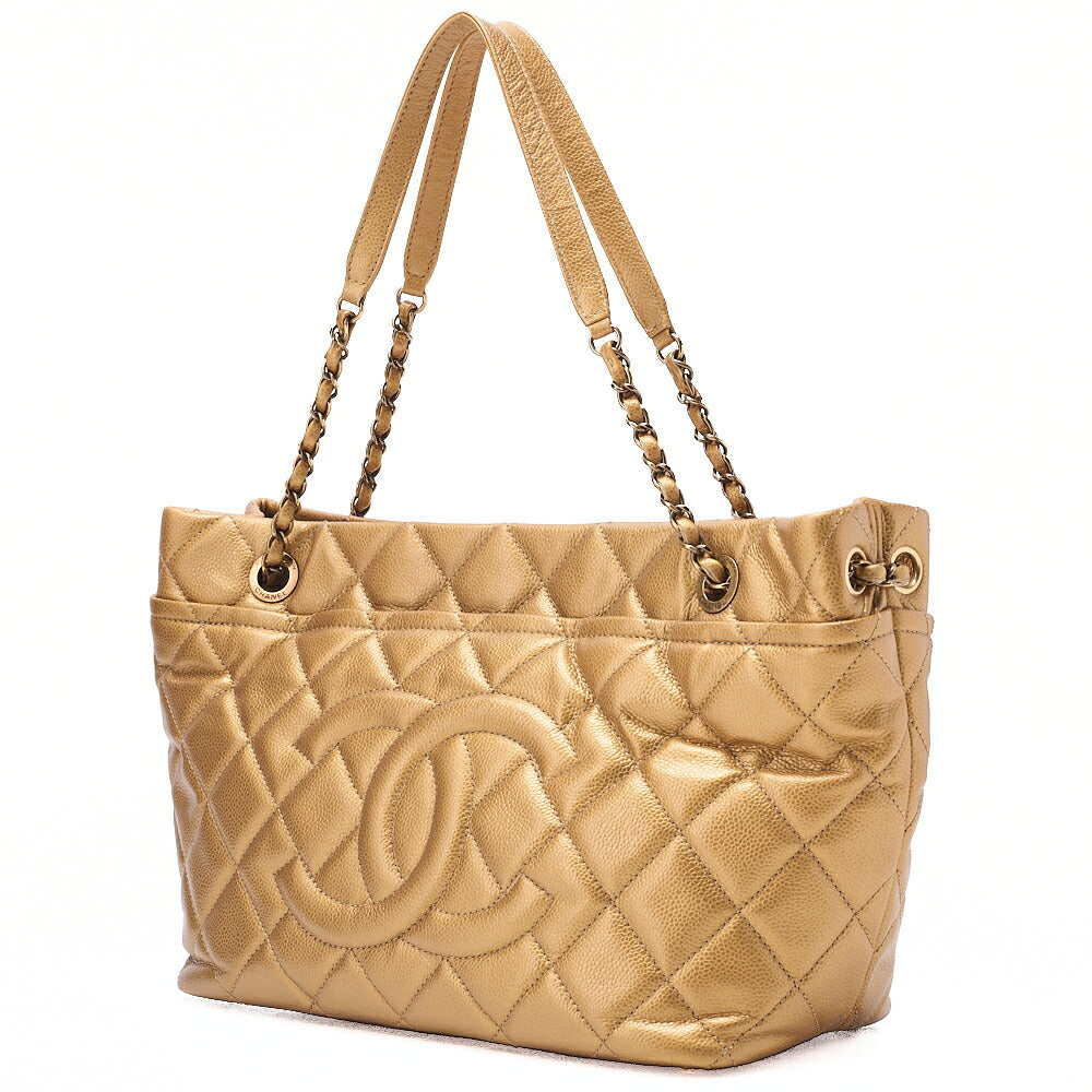CHANEL Caviar Skin Coco Mark Chain Tote Bag Gold Gold-Tone Hardware, Pre-Owned