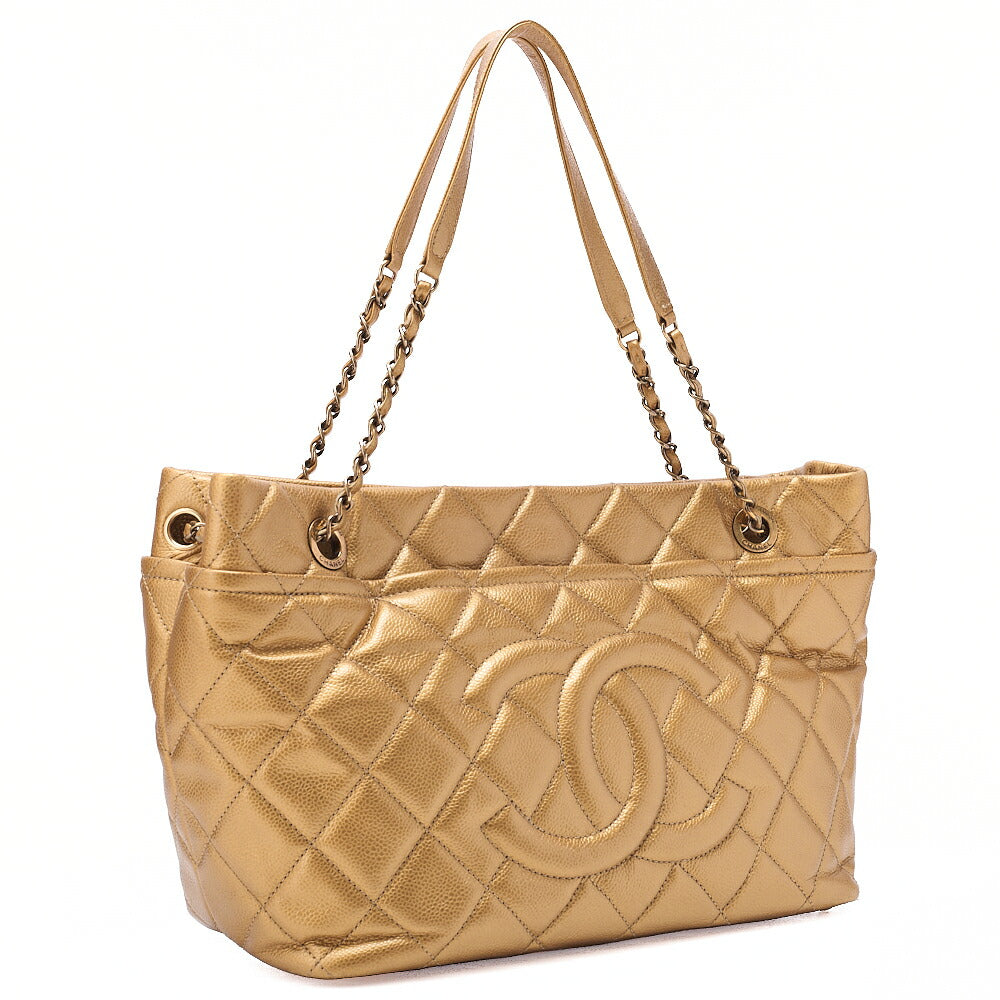 CHANEL Caviar Skin Coco Mark Chain Tote Bag Gold Gold-Tone Hardware, Pre-Owned