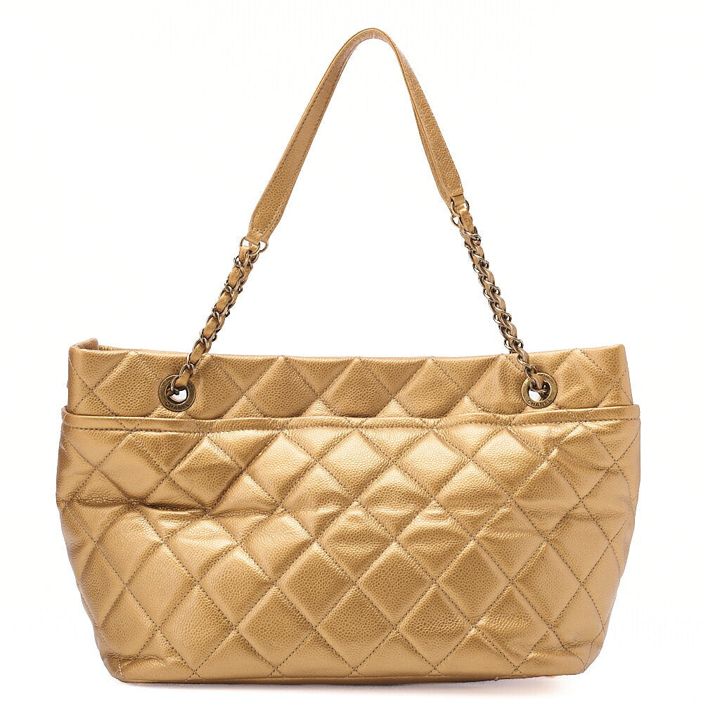 CHANEL Caviar Skin Coco Mark Chain Tote Bag Gold Gold-Tone Hardware, Pre-Owned
