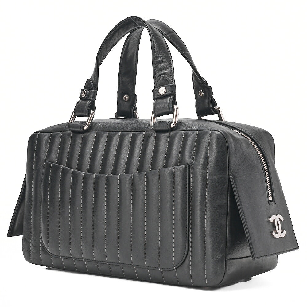 CHANEL Lambskin Mademoiselle Handbag Black Silver-Tone Hardware, Pre-Owned
