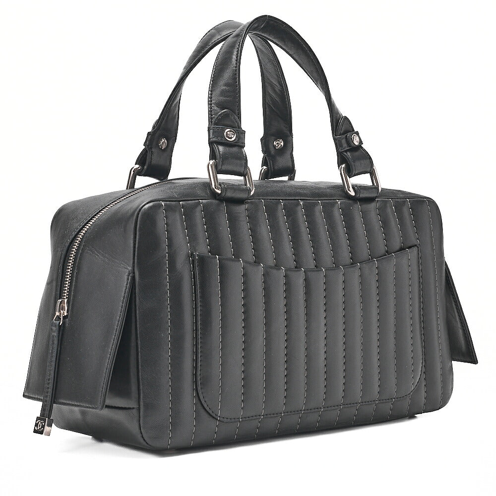 CHANEL Lambskin Mademoiselle Handbag Black Silver-Tone Hardware, Pre-Owned