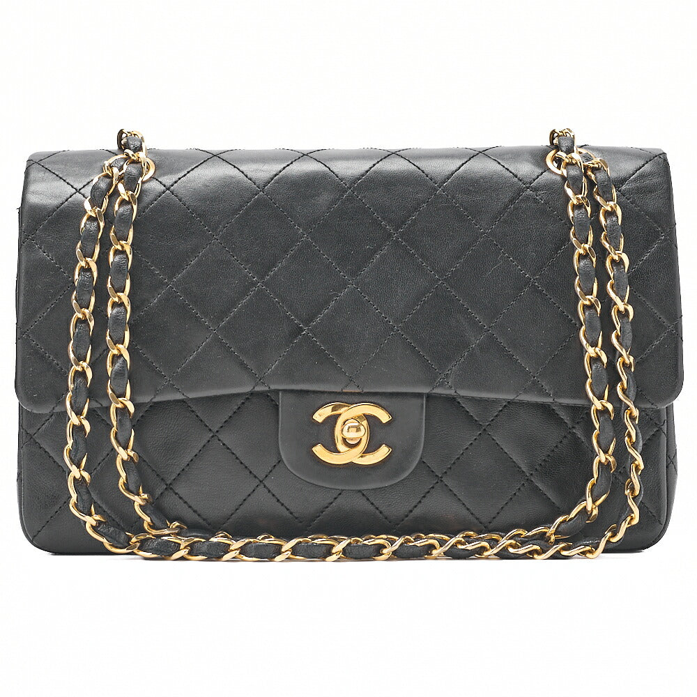 CHANEL Lambskin Matelasse 25cm Double Flap Chain Shoulder Black Gold-Tone Hardware, Pre-Owned