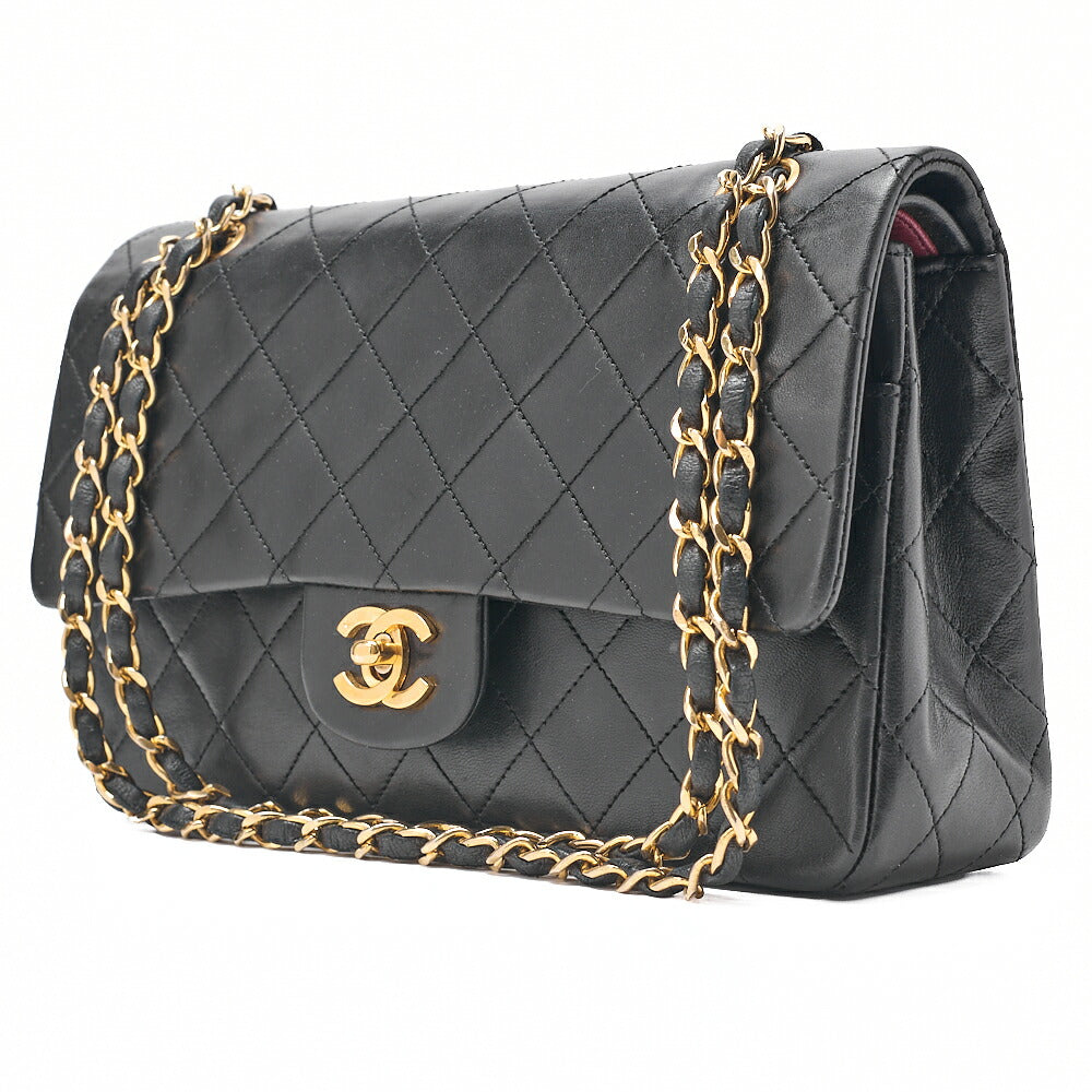 CHANEL Lambskin Matelasse 25cm Double Flap Chain Shoulder Black Gold-Tone Hardware, Pre-Owned