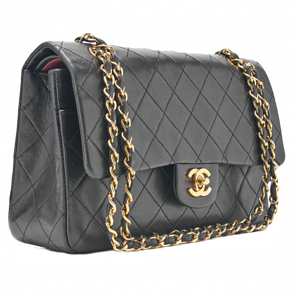 CHANEL Lambskin Matelasse 25cm Double Flap Chain Shoulder Black Gold-Tone Hardware, Pre-Owned