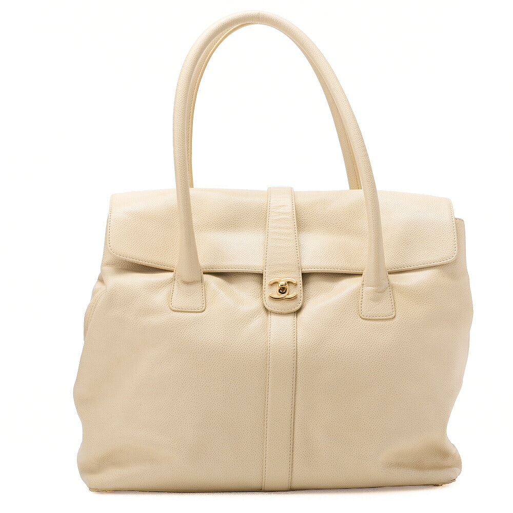 CHANEL Caviar Skin Executive Turnlock Tote Bag Beige Gold-Tone Hardware, Pre-Owned