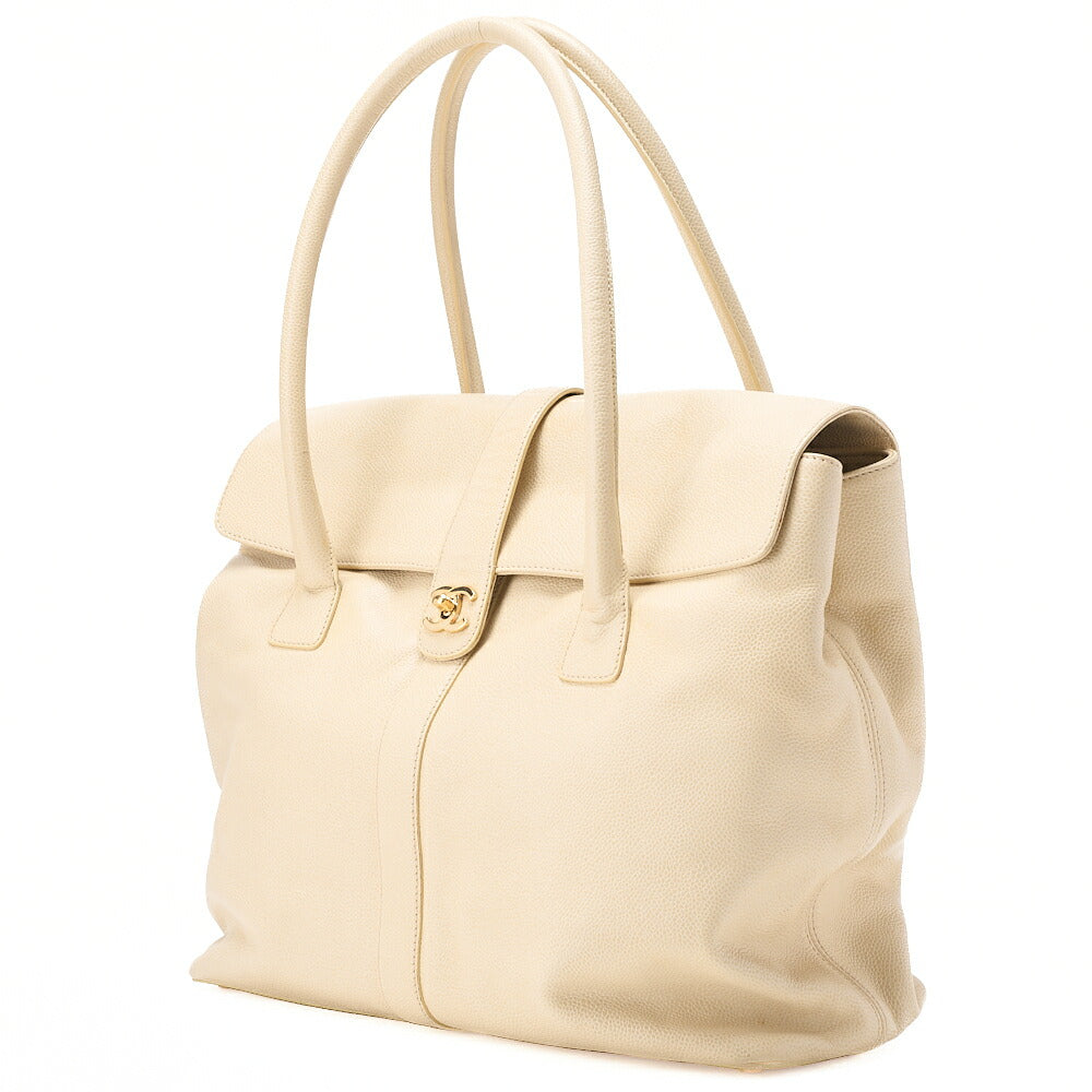 CHANEL Caviar Skin Executive Turnlock Tote Bag Beige Gold-Tone Hardware, Pre-Owned