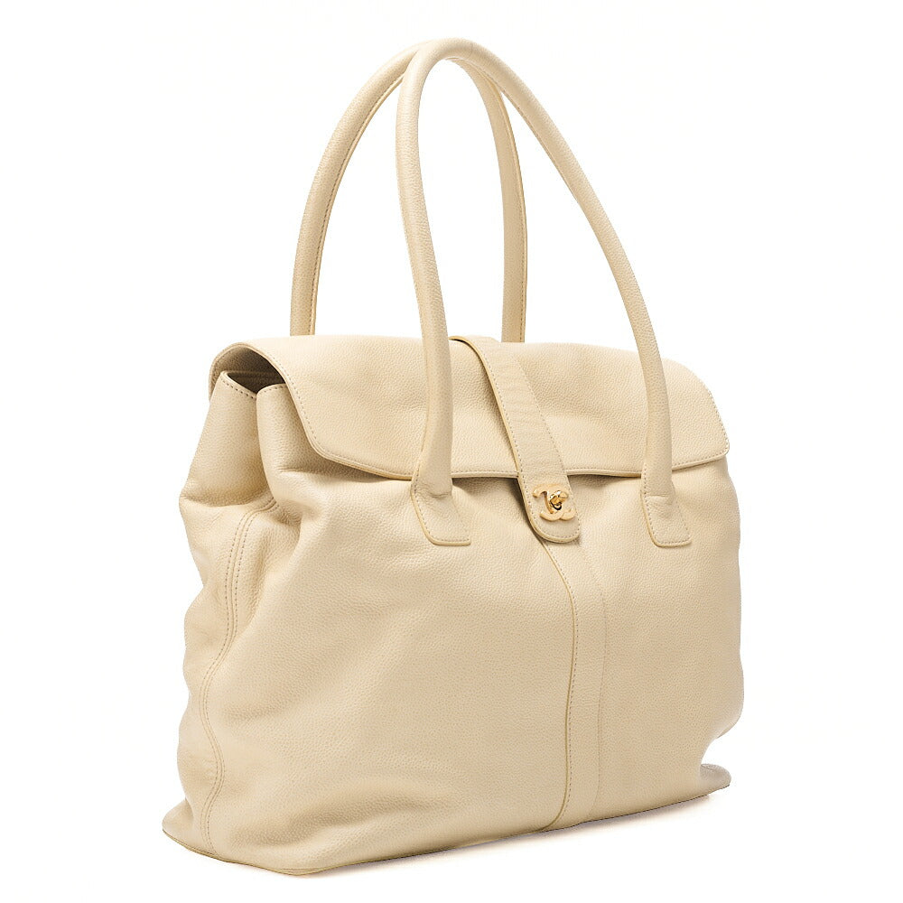 CHANEL Caviar Skin Executive Turnlock Tote Bag Beige Gold-Tone Hardware, Pre-Owned