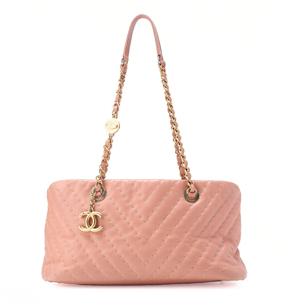 CHANEL Calfskin Chevron Coco Charm Chain Tote Pink Gold-Tone Hardware, Pre-Owned