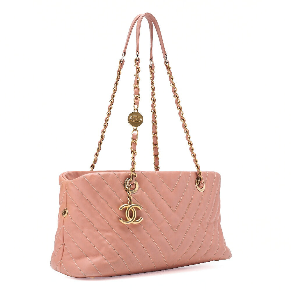 CHANEL Calfskin Chevron Coco Charm Chain Tote Pink Gold-Tone Hardware, Pre-Owned