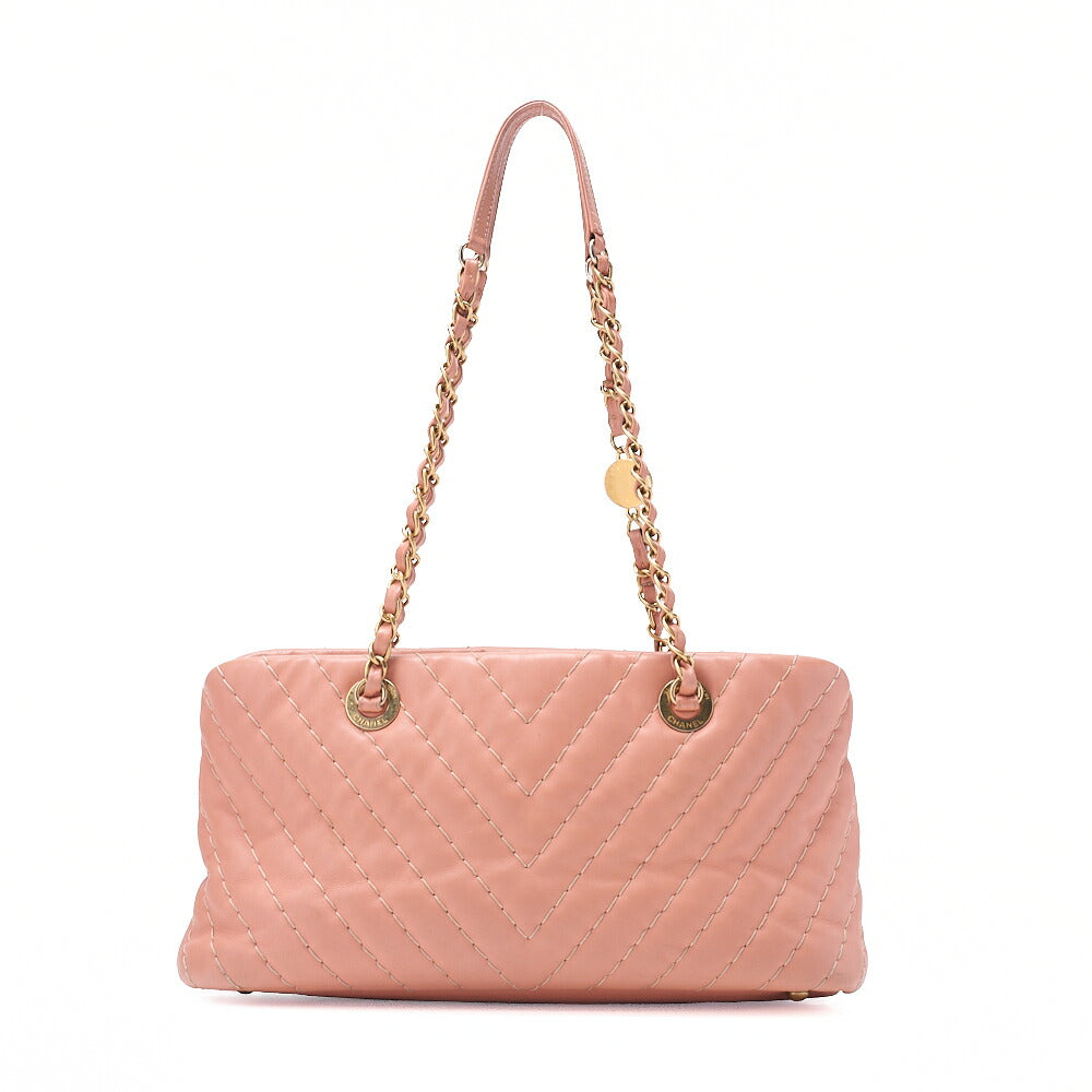 CHANEL Calfskin Chevron Coco Charm Chain Tote Pink Gold-Tone Hardware, Pre-Owned