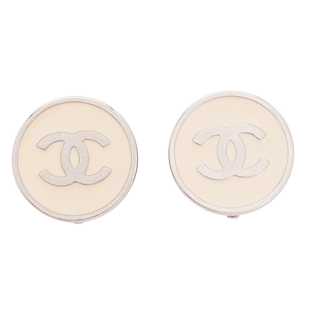 CHANEL Coco Mark 05V Earrings Ivory x Silver-Tone Hardware, Pre-Owned