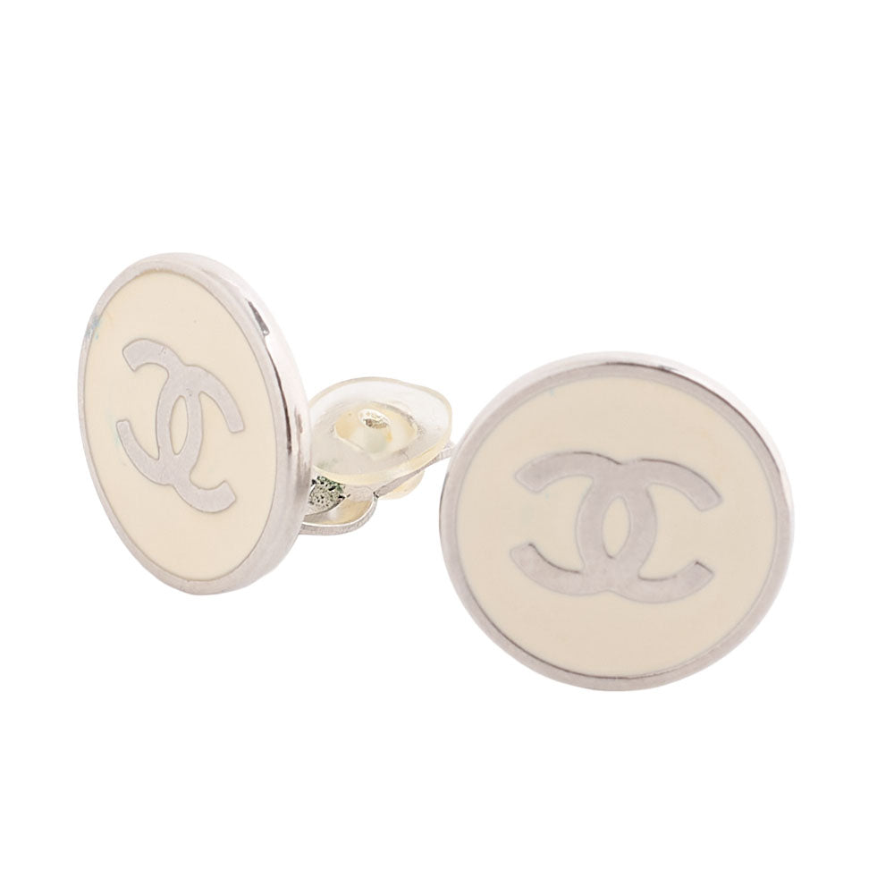 CHANEL Coco Mark 05V Earrings Ivory x Silver-Tone Hardware, Pre-Owned