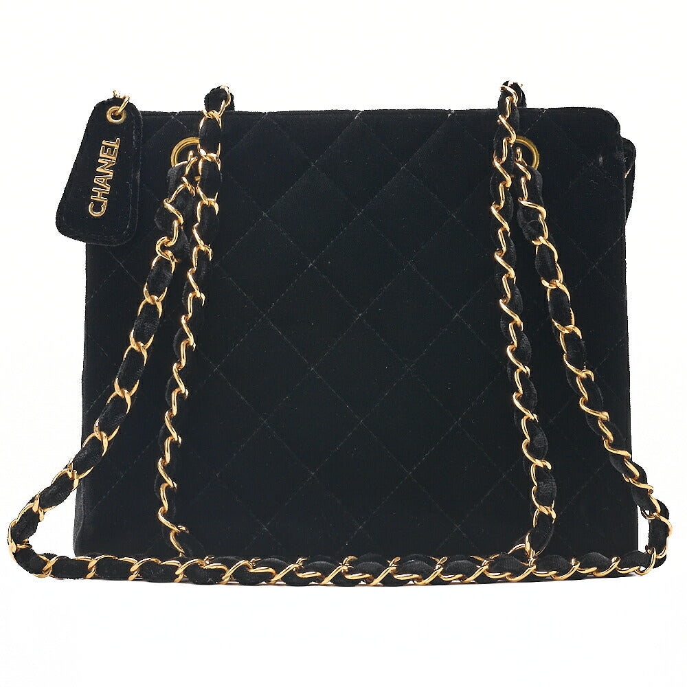 CHANEL Velvet Matlasse Plate Charm W Chain Shoulder Black Gold-Tone Hardware, Pre-Owned