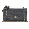 CHANEL Chocolate Bar Camellia Chain Shoulder Bag Lambskin Black Gold-Tone Hardware, Pre-Owned
