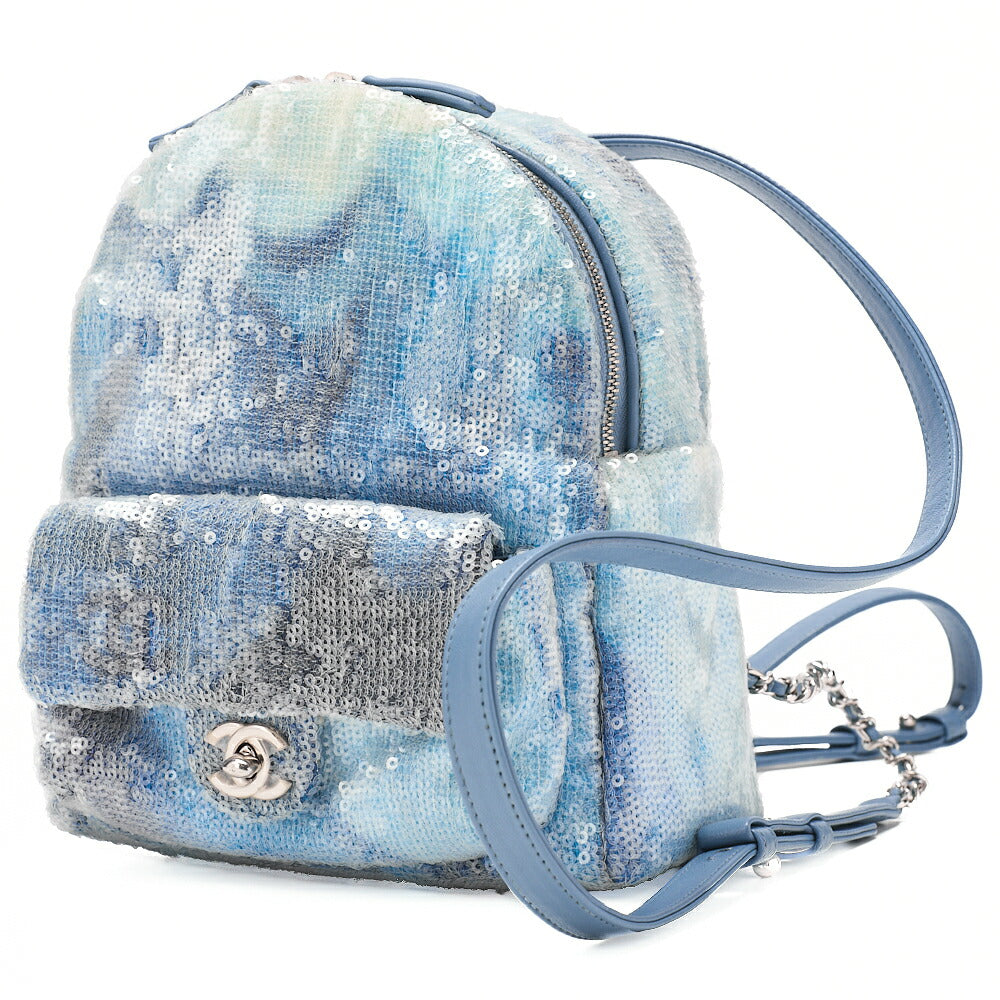 CHANEL Sequin Cocomark Chain Backpack Blue Multicolor Silver-Tone Hardware, Pre-Owned