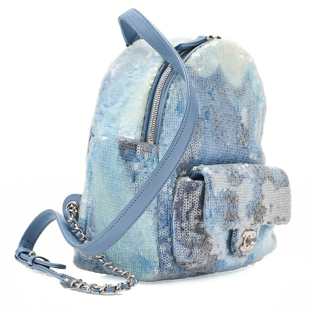 CHANEL Sequin Cocomark Chain Backpack Blue Multicolor Silver-Tone Hardware, Pre-Owned