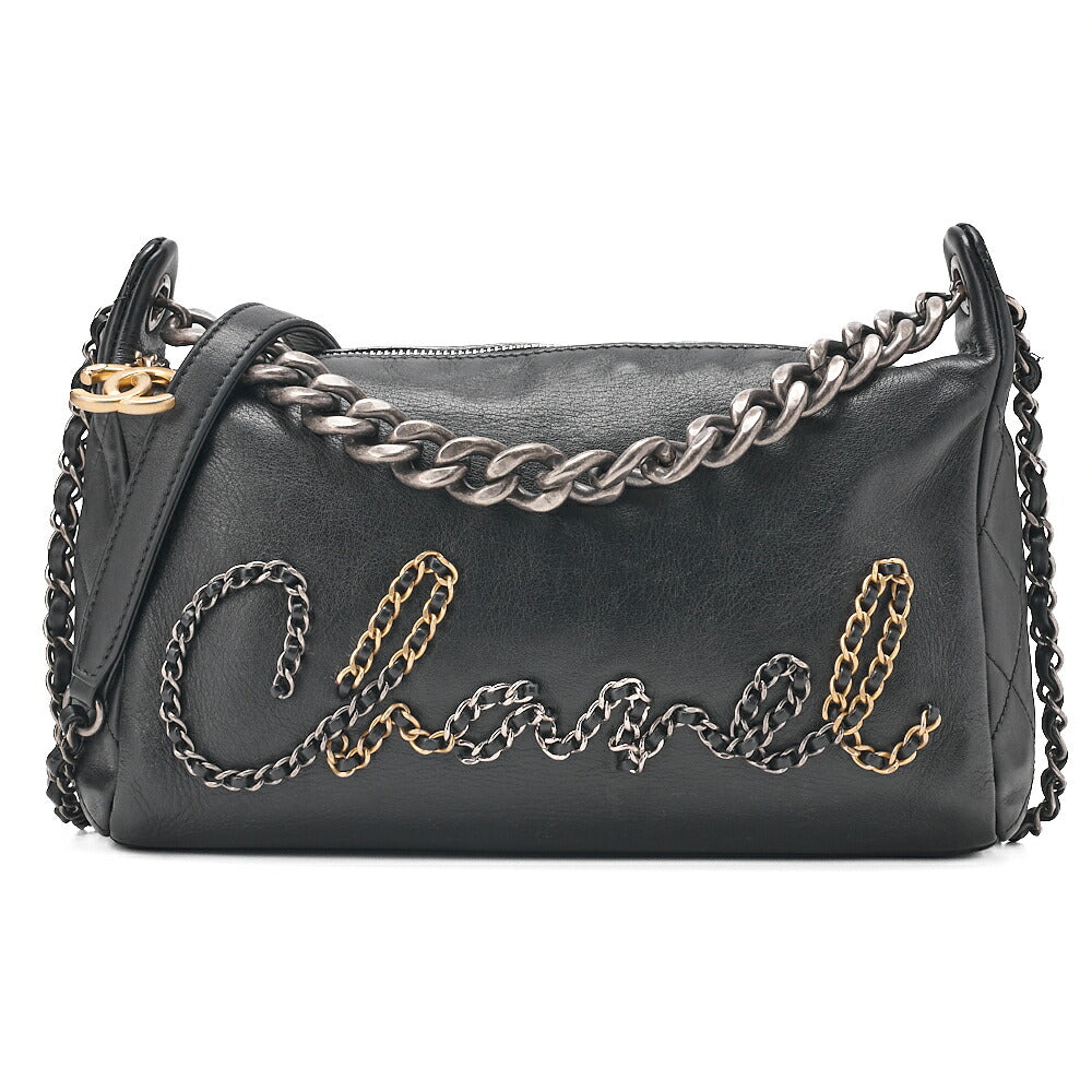 CHANEL Shoulder Bag Logo with Coco Charm 2way Lambskin Black Gold x Silver-Tone Hardware, Pre-Owned