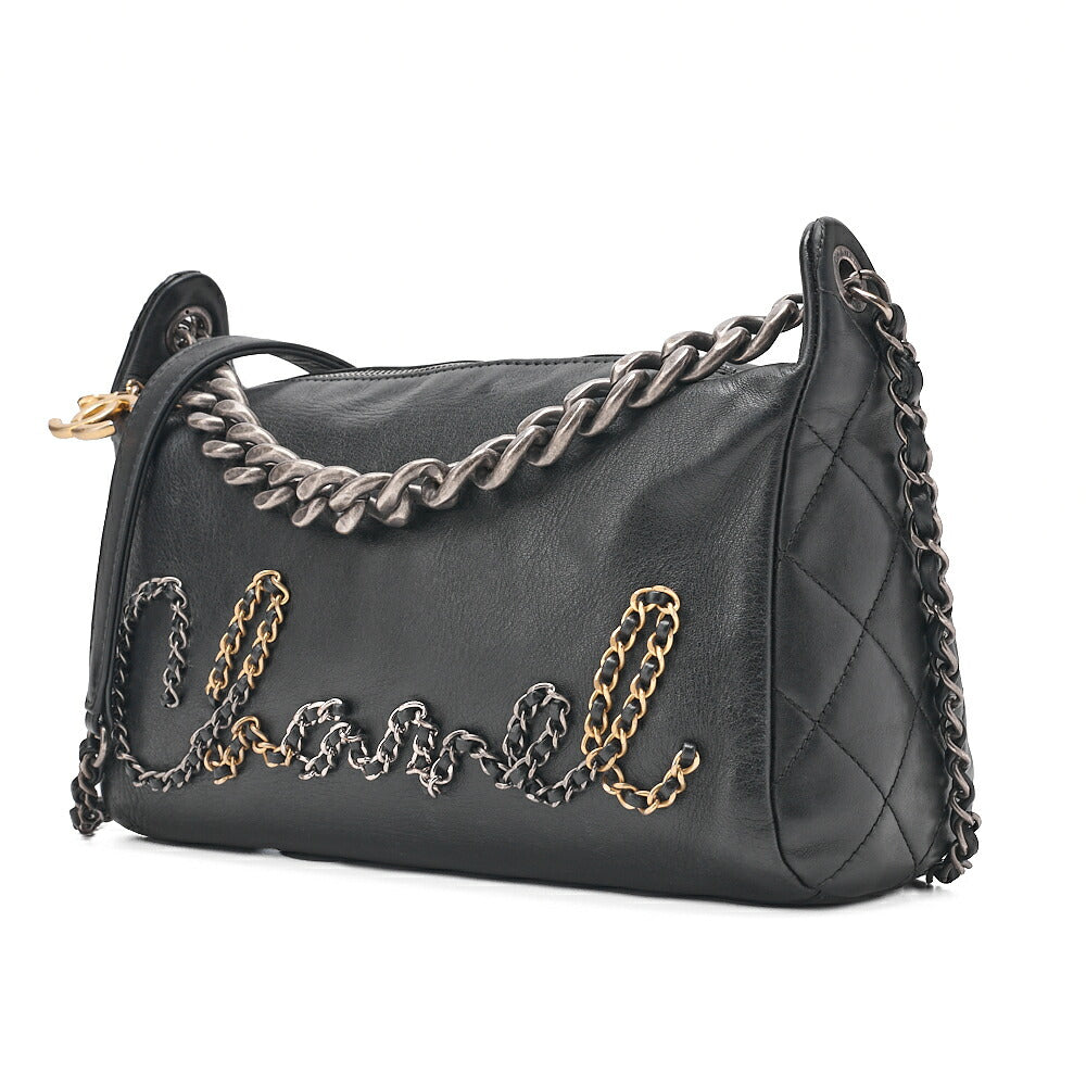 CHANEL Shoulder Bag Logo with Coco Charm 2way Lambskin Black Gold x Silver-Tone Hardware, Pre-Owned