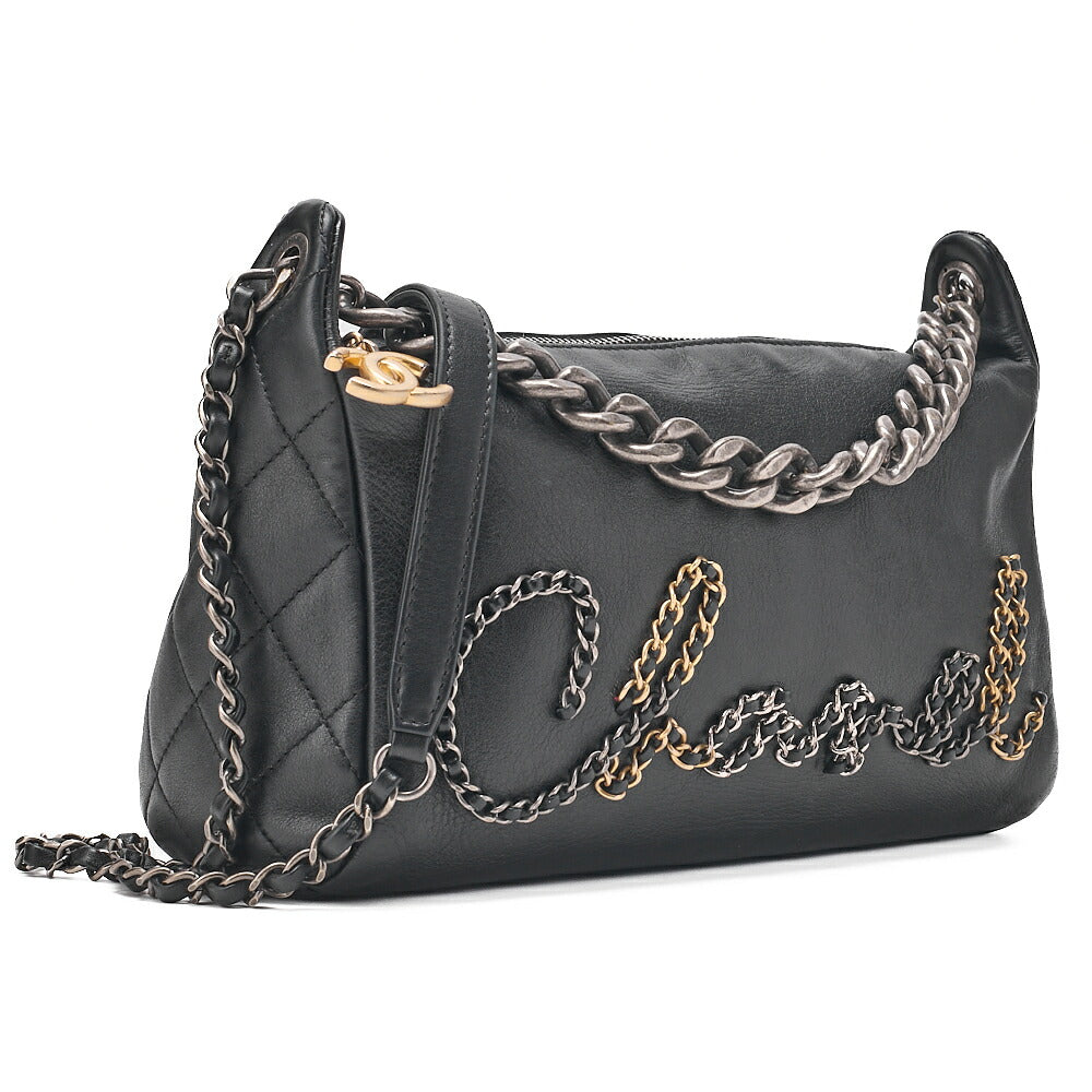 CHANEL Shoulder Bag Logo with Coco Charm 2way Lambskin Black Gold x Silver-Tone Hardware, Pre-Owned