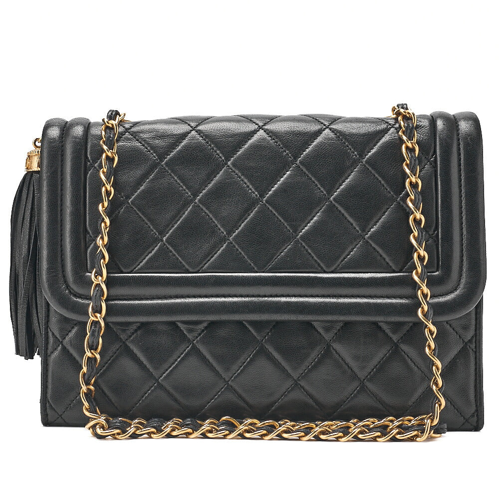 CHANEL Lambskin Matelasse Fringe Magnetic Lock Chain Shoulder Black Gold-Tone Hardware, Pre-Owned