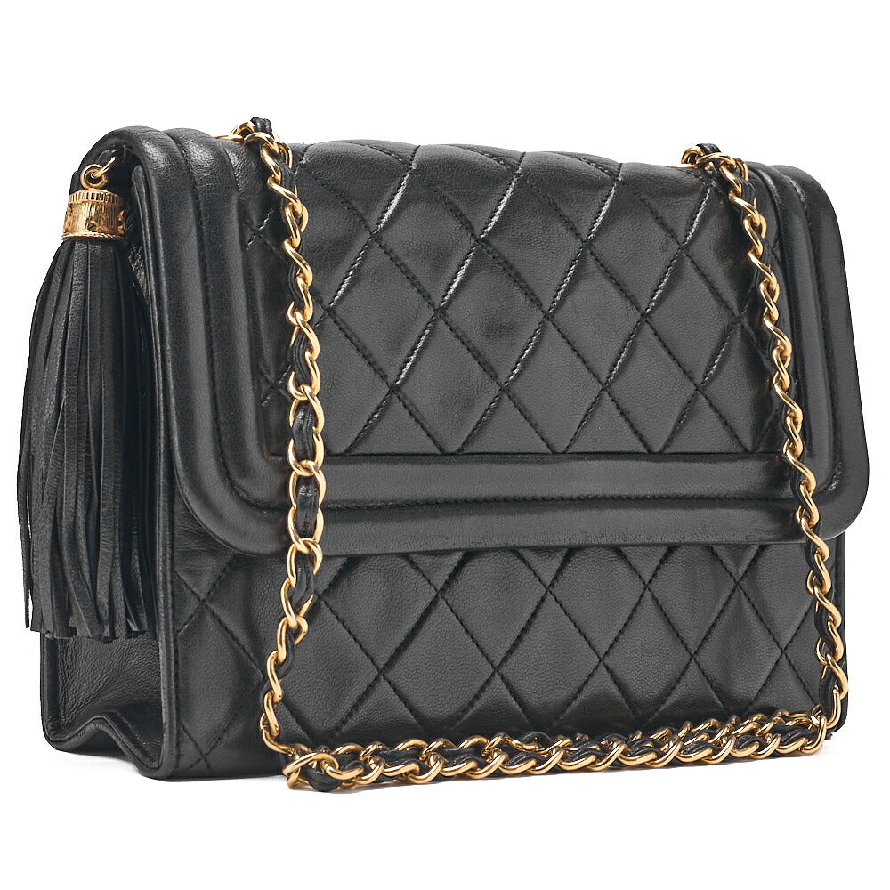CHANEL Lambskin Matelasse Fringe Magnetic Lock Chain Shoulder Black Gold-Tone Hardware, Pre-Owned