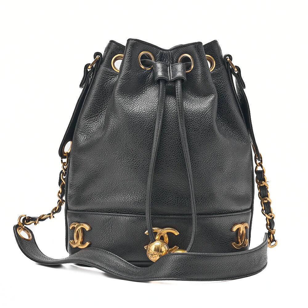 CHANEL Chain Shoulder Bag Triple Coco Caviar Skin Ball Charm Drawstring Black Gold-Tone Hardware, Pre-Owned