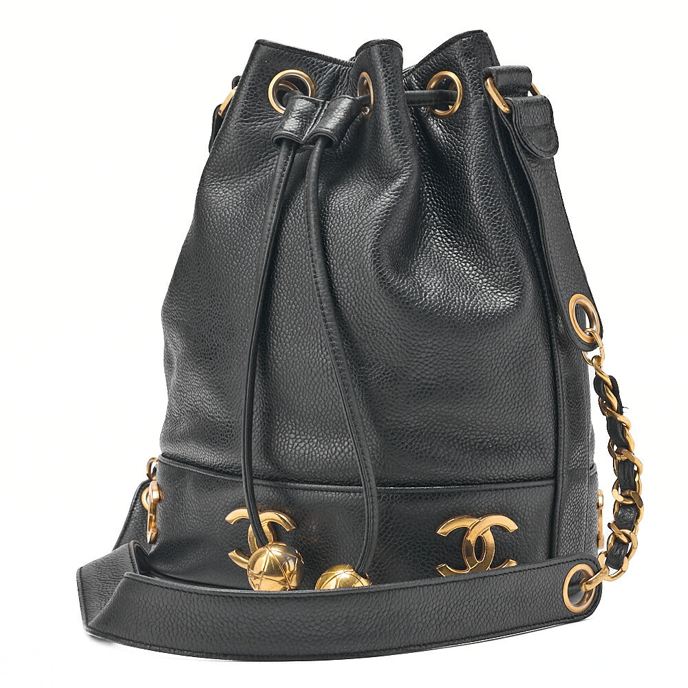 CHANEL Chain Shoulder Bag Triple Coco Caviar Skin Ball Charm Drawstring Black Gold-Tone Hardware, Pre-Owned