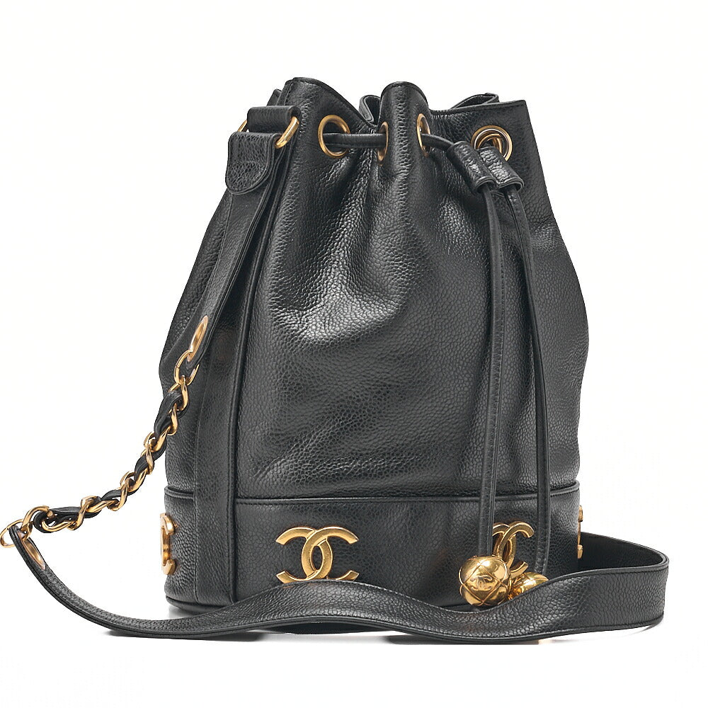 CHANEL Chain Shoulder Bag Triple Coco Caviar Skin Ball Charm Drawstring Black Gold-Tone Hardware, Pre-Owned
