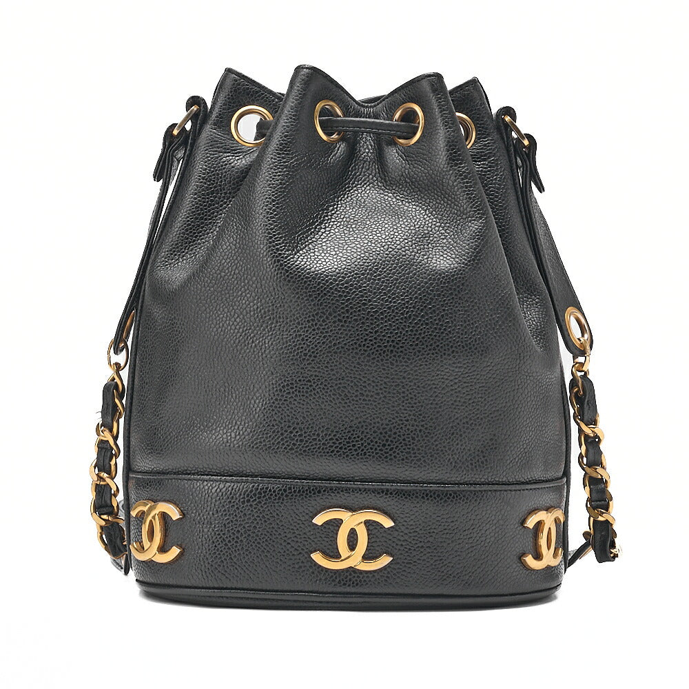 CHANEL Chain Shoulder Bag Triple Coco Caviar Skin Ball Charm Drawstring Black Gold-Tone Hardware, Pre-Owned