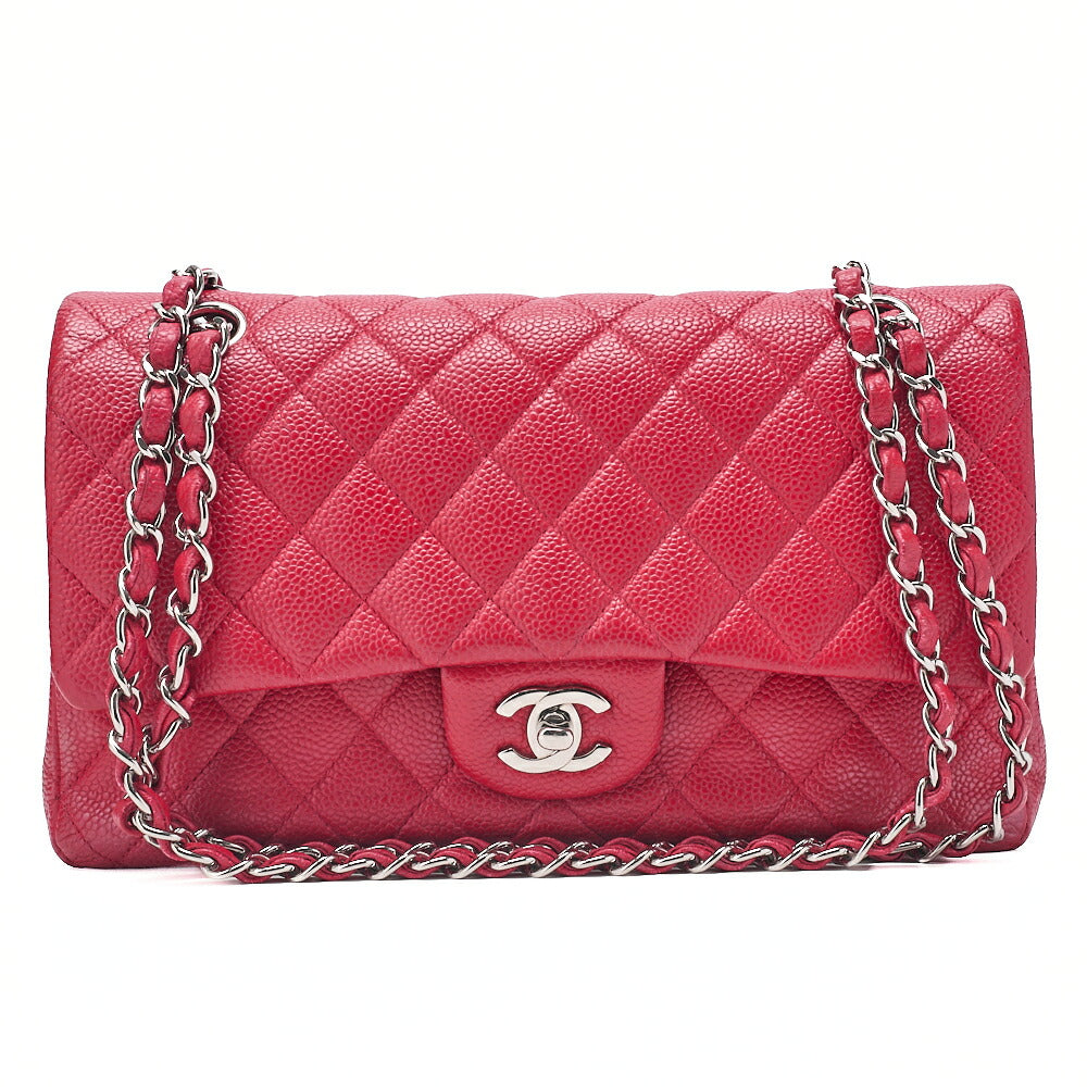 CHANEL Caviar Skin Matelasse 25cm Double Flap Chain Shoulder Red Silver-Tone Hardware, Pre-Owned