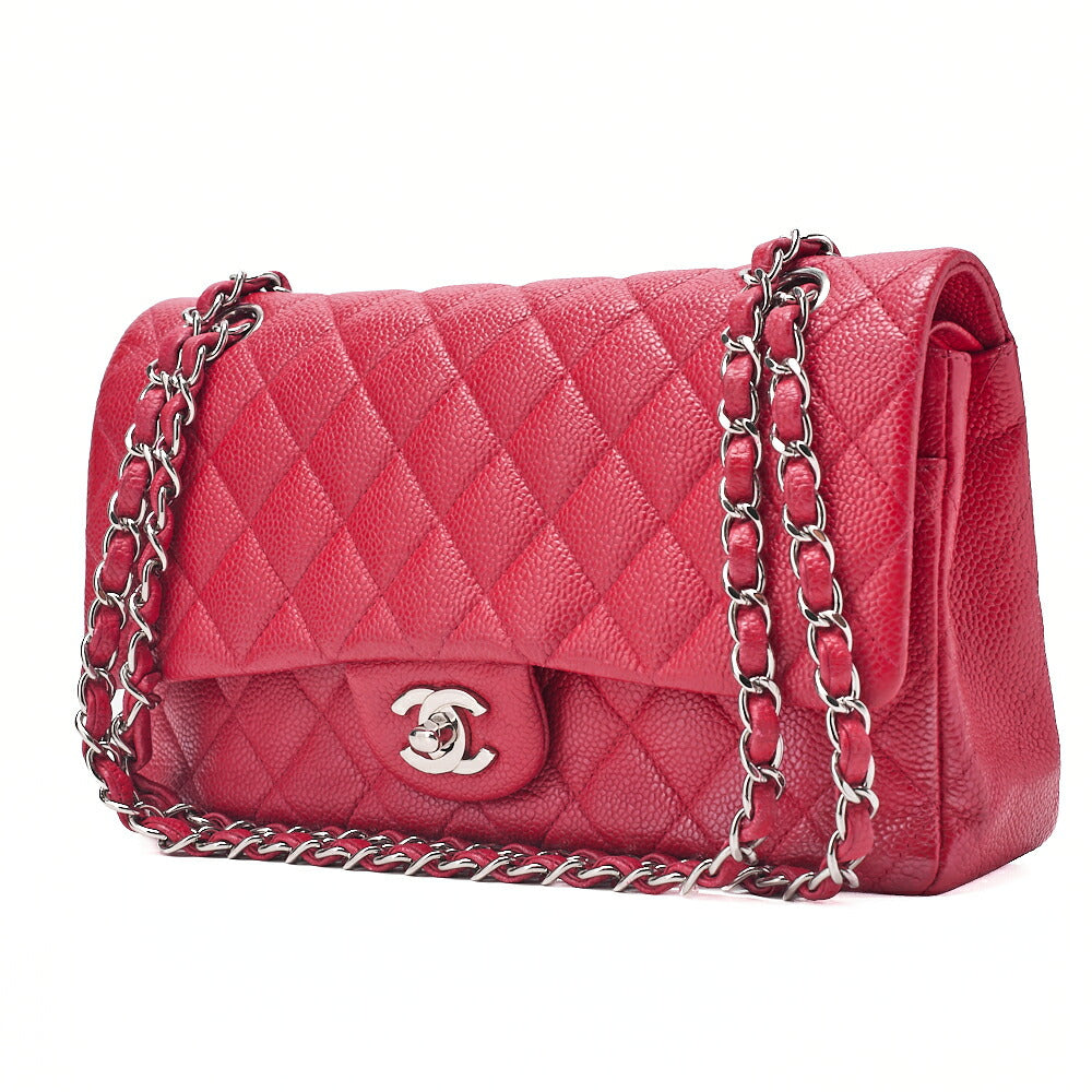 CHANEL Caviar Skin Matelasse 25cm Double Flap Chain Shoulder Red Silver-Tone Hardware, Pre-Owned