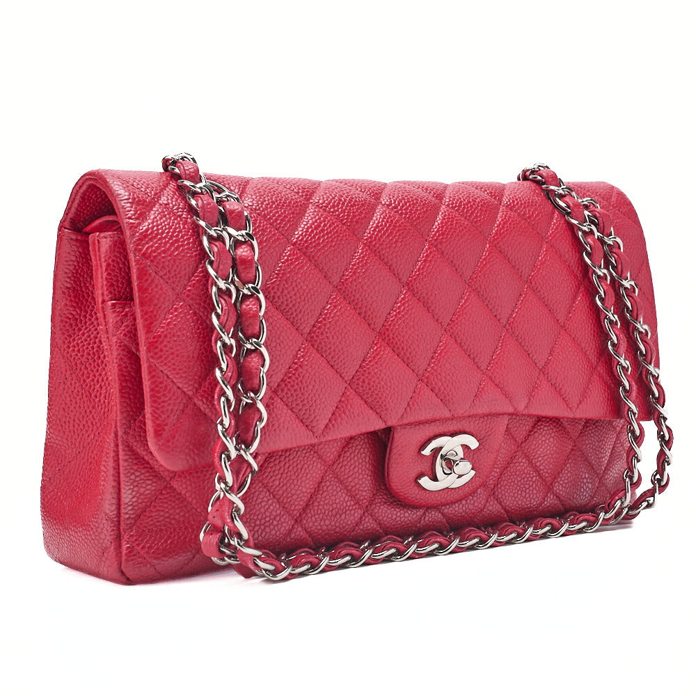 CHANEL Caviar Skin Matelasse 25cm Double Flap Chain Shoulder Red Silver-Tone Hardware, Pre-Owned