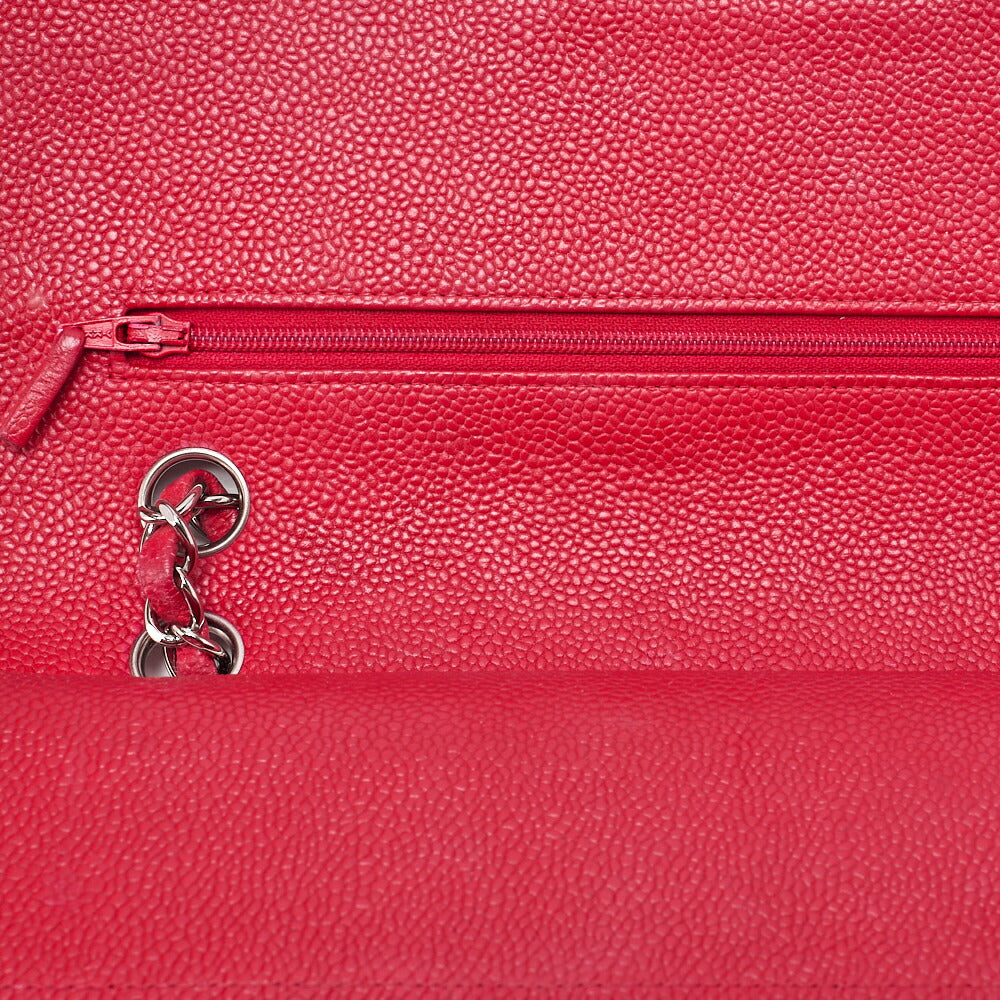 CHANEL Caviar Skin Matelasse 25cm Double Flap Chain Shoulder Red Silver-Tone Hardware, Pre-Owned