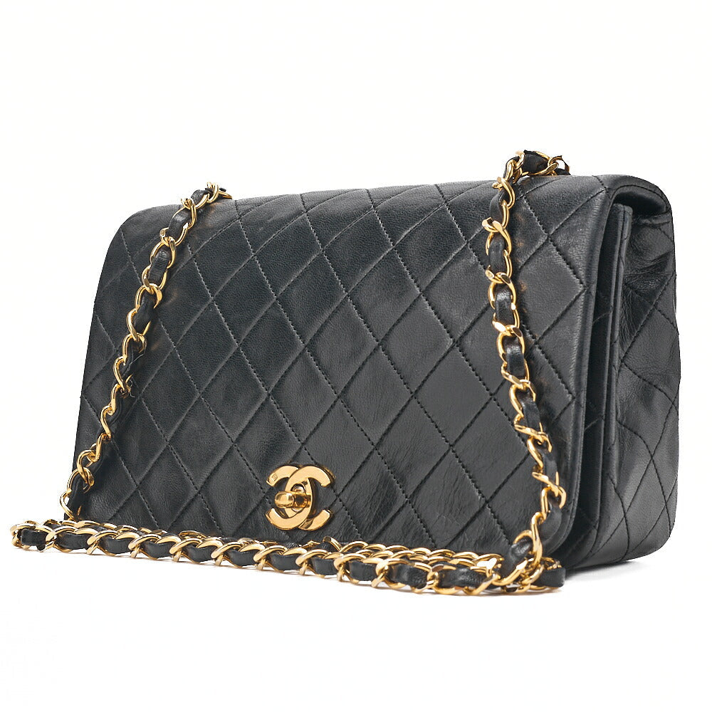 CHANEL Lambskin Matelasse Full Flap Chain Shoulder Black Gold-Tone Hardware, Pre-Owned