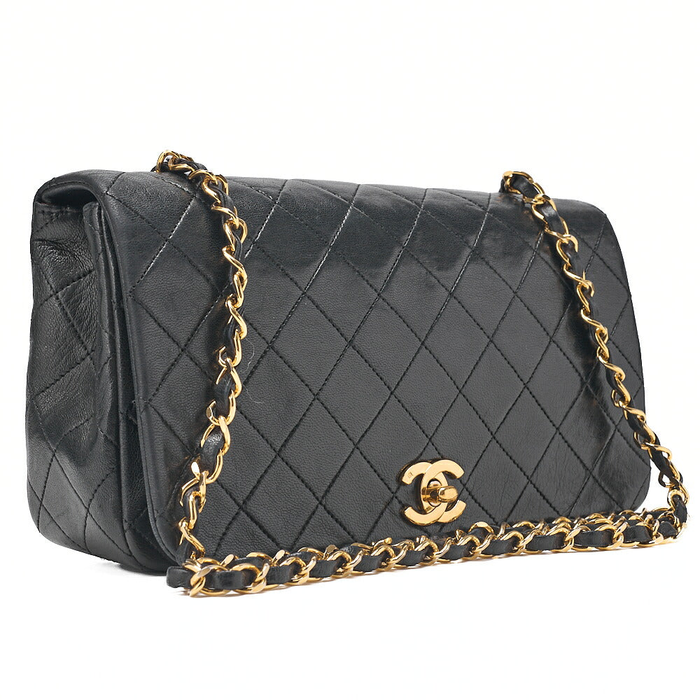 CHANEL Lambskin Matelasse Full Flap Chain Shoulder Black Gold-Tone Hardware, Pre-Owned