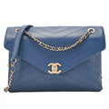 CHANEL Calfskin Chevron V-Flap Chain Shoulder Blue Gold-Tone Hardware, Pre-Owned