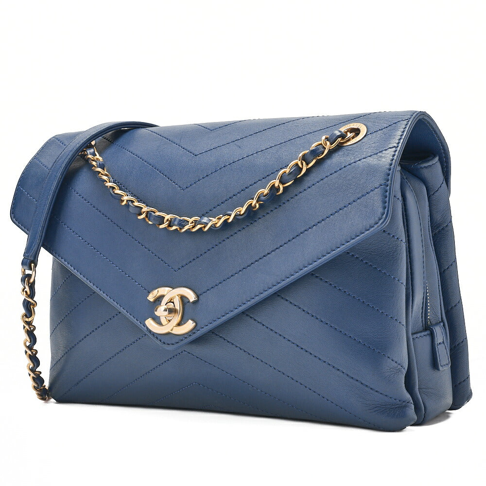 CHANEL Calfskin Chevron V-Flap Chain Shoulder Blue Gold-Tone Hardware, Pre-Owned
