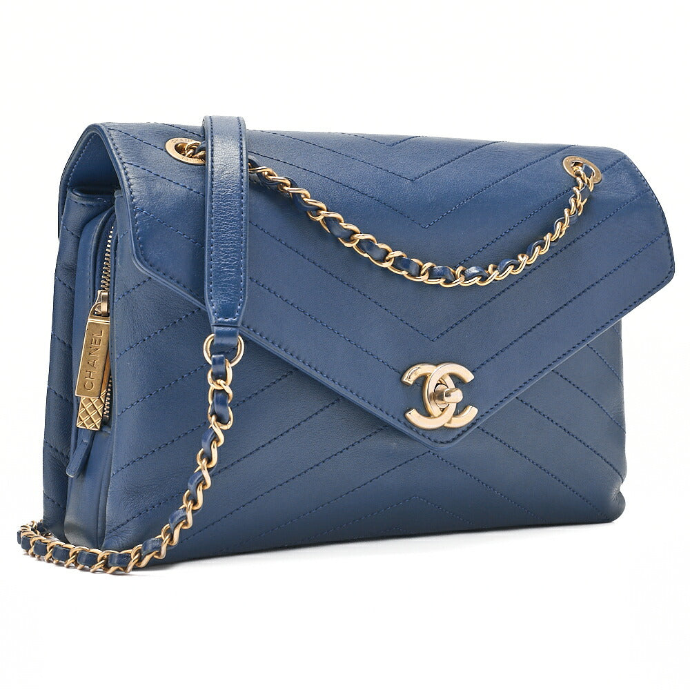 CHANEL Calfskin Chevron V-Flap Chain Shoulder Blue Gold-Tone Hardware, Pre-Owned