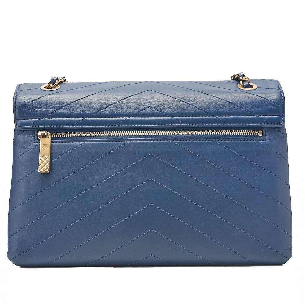 CHANEL Calfskin Chevron V-Flap Chain Shoulder Blue Gold-Tone Hardware, Pre-Owned