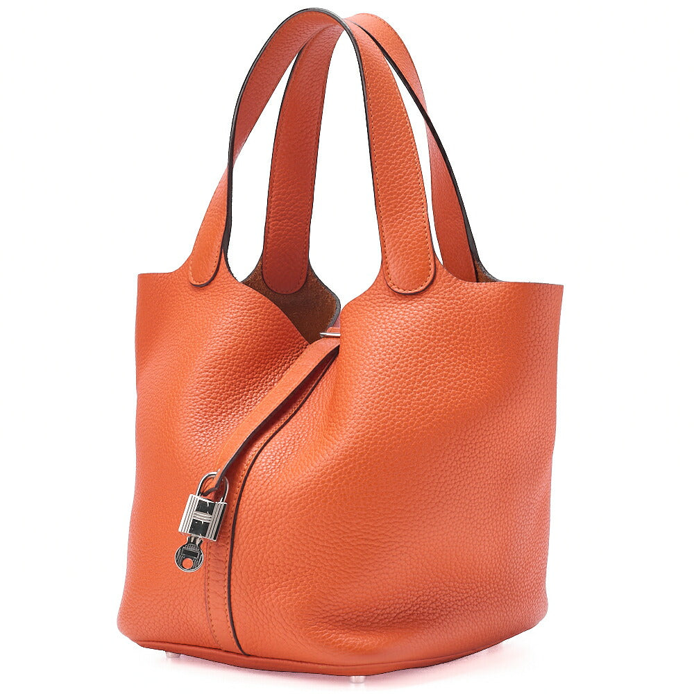 HERMES Picotan Lock MM Handbag Tryon Clemence Orange Poppy Silver-Tone Hardware, Pre-Owned