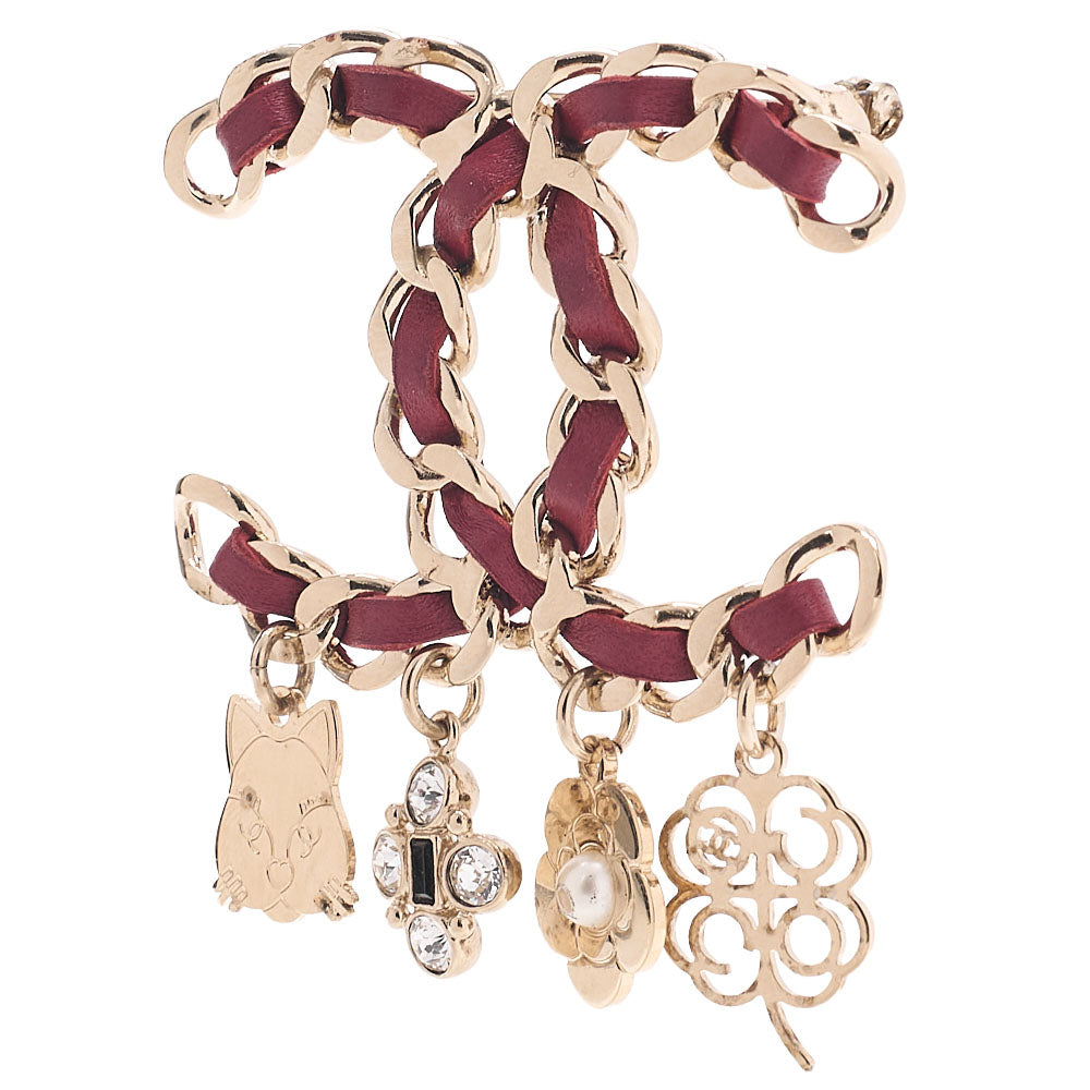 CHANEL Cocomark Icon B17B Brooch GP x Faux Pearl x  Leather Gold Plated Red Gold-Tone Hardware, Pre-Owned