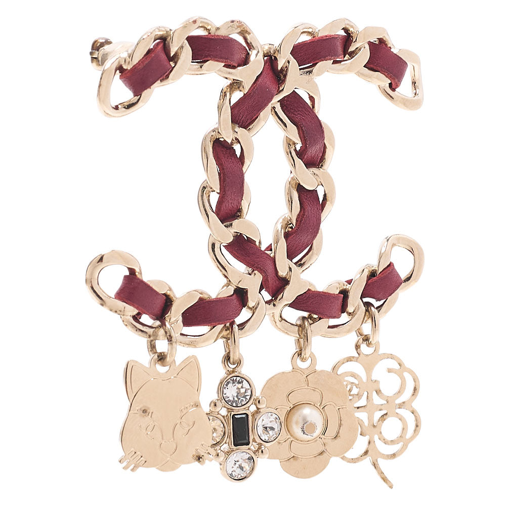 CHANEL Cocomark Icon B17B Brooch GP x Faux Pearl x  Leather Gold Plated Red Gold-Tone Hardware, Pre-Owned