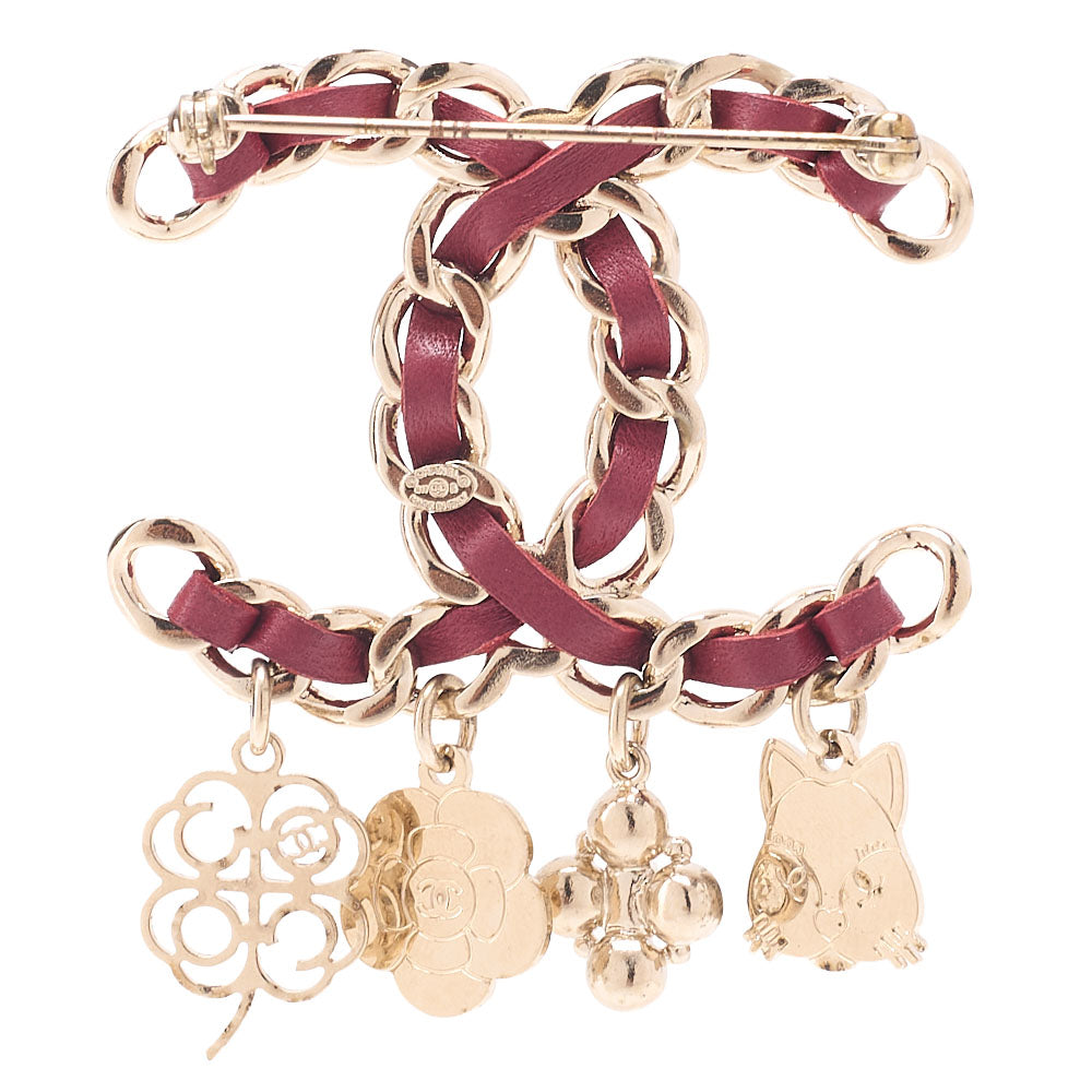 CHANEL Cocomark Icon B17B Brooch GP x Faux Pearl x  Leather Gold Plated Red Gold-Tone Hardware, Pre-Owned